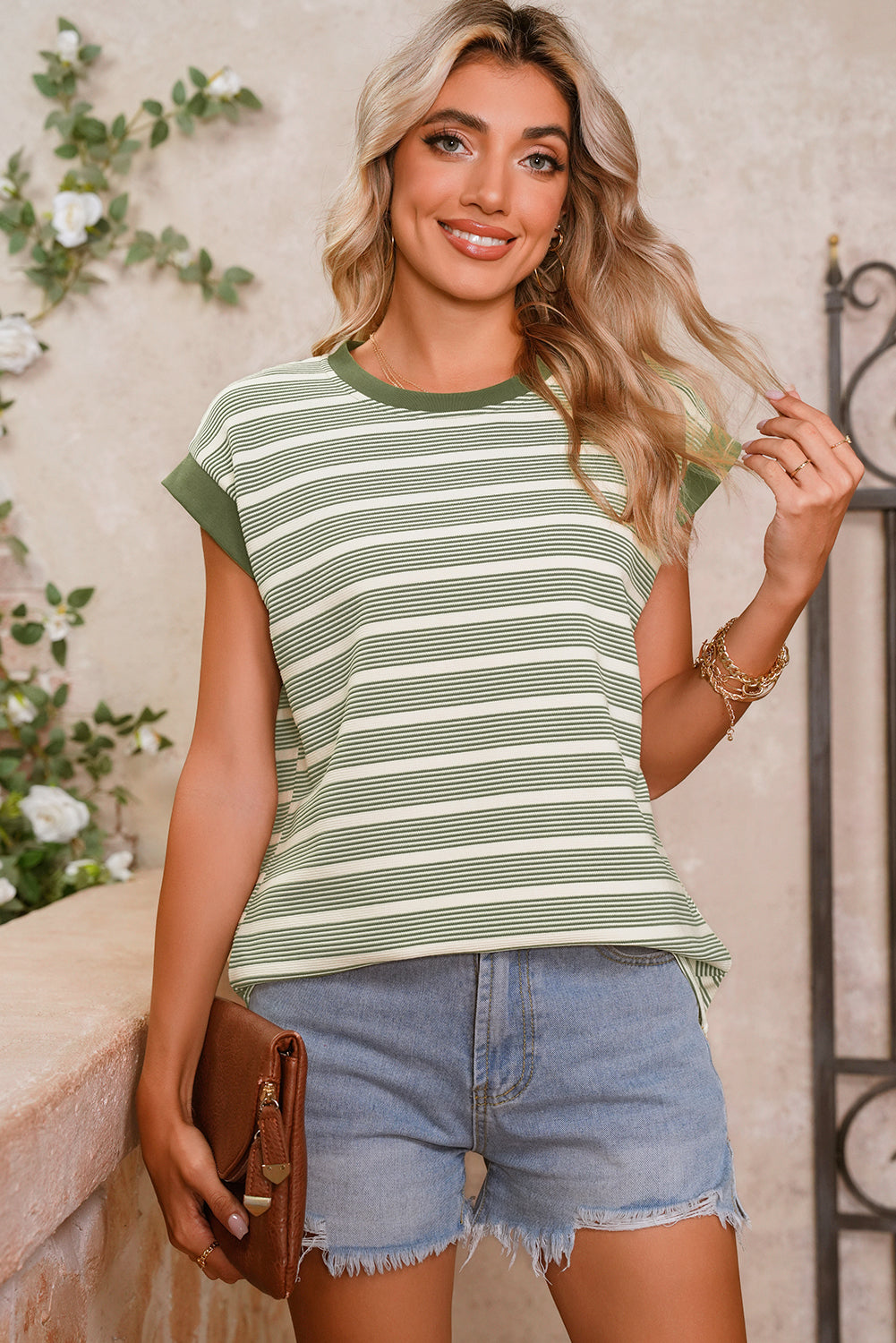 Green Striped Casual Contrast Trim Tee