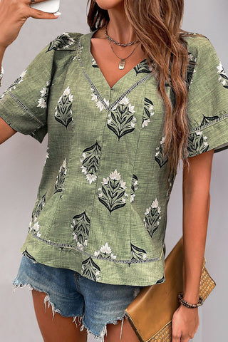 Laurel Green Floral Print Short Sleeve V-Neck Blouse