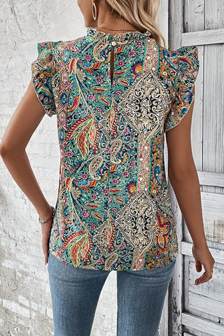 Multicolor Ethnic Paisley Print Frill Neck Ruffle Blouse