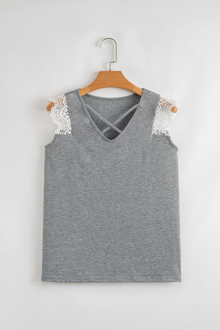 Gray Lace Patchwork Criss Cross V Neck Top