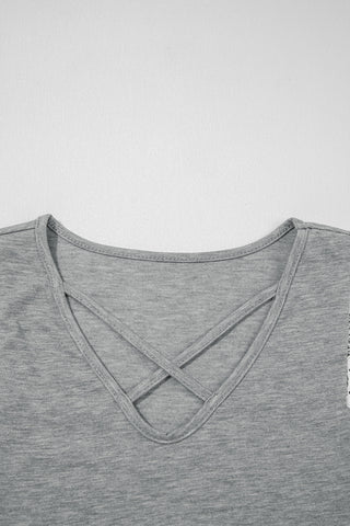 Gray Lace Patchwork Criss Cross V Neck Top