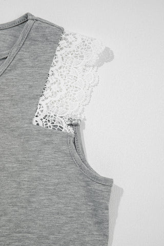 Gray Lace Patchwork Criss Cross V Neck Top