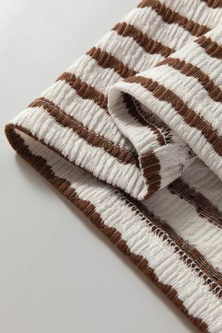 Khaki Stripe Textured Hooded V Neck Casual Long Sleeve Top