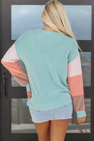 Multicolour Twisted Ribbed Knit Colorblock Henley Top