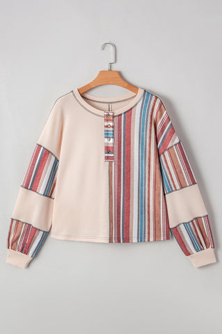 Beige Striped Waffle Patchwork Exposed Seam Raw Hem Knit Top