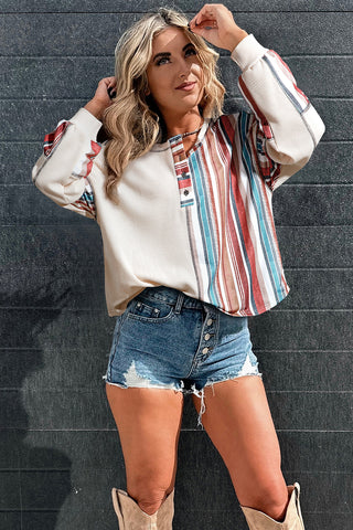 Beige Striped Waffle Patchwork Exposed Seam Raw Hem Knit Top