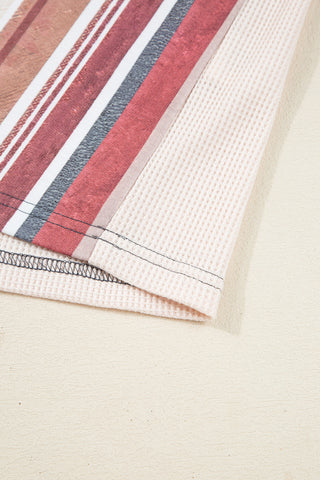 Beige Striped Waffle Patchwork Exposed Seam Raw Hem Knit Top