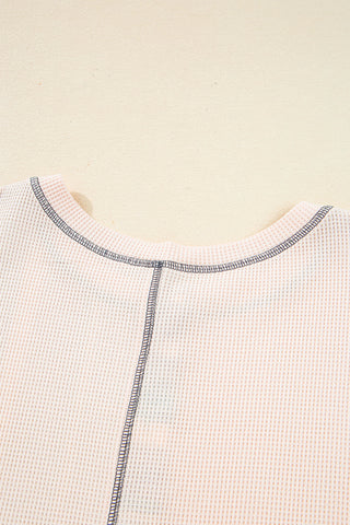 Beige Striped Waffle Patchwork Exposed Seam Raw Hem Knit Top
