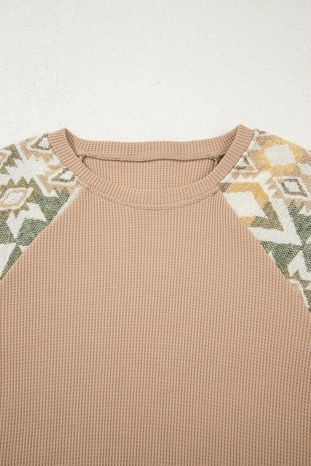 Smoke Gray Waffle Aztec Patchwork Raglan Sleeve Knit Top