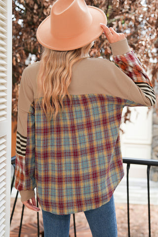 Waffle Stripe Plaid Patchwork Henley Top