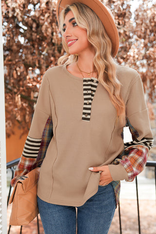 Waffle Stripe Plaid Patchwork Henley Top
