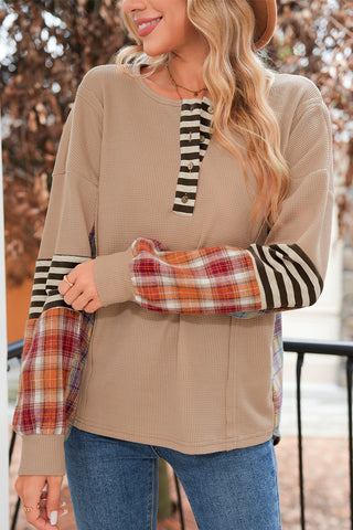 Waffle Stripe Plaid Patchwork Henley Top