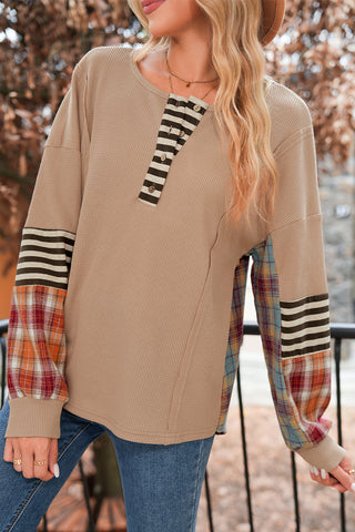 Waffle Stripe Plaid Patchwork Henley Top