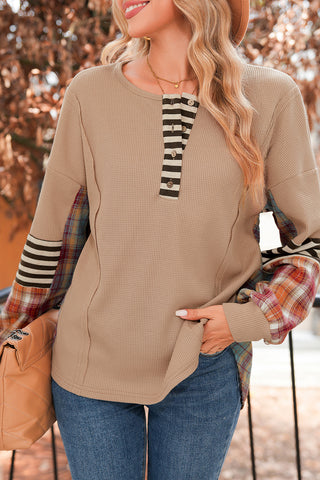 Waffle Stripe Plaid Patchwork Henley Top