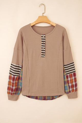 Waffle Stripe Plaid Patchwork Henley Top