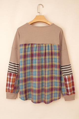 Waffle Stripe Plaid Patchwork Henley Top