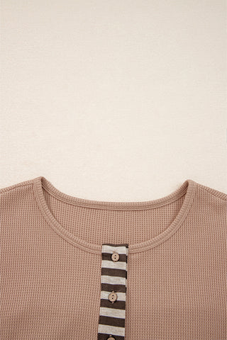 Waffle Stripe Plaid Patchwork Henley Top