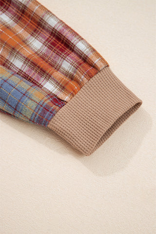 Waffle Stripe Plaid Patchwork Henley Top