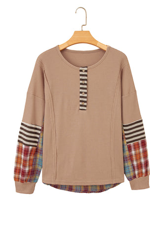 Waffle Stripe Plaid Patchwork Henley Top