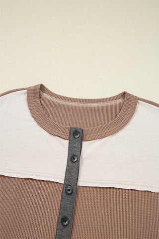 Jet Stream Color Block Waffled Patchwork Loose Henley Top