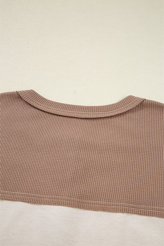 Jet Stream Color Block Waffled Patchwork Loose Henley Top