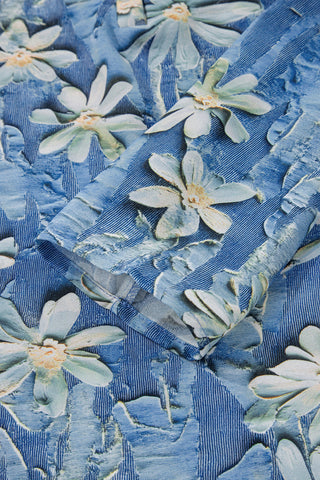 Sky Blue Fall Floral Half Placket Collared V Neck Blouse