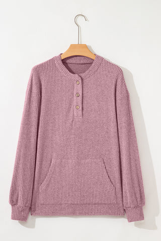 Pink Ribbed Texture Drop Shoulder Henley Knit Top