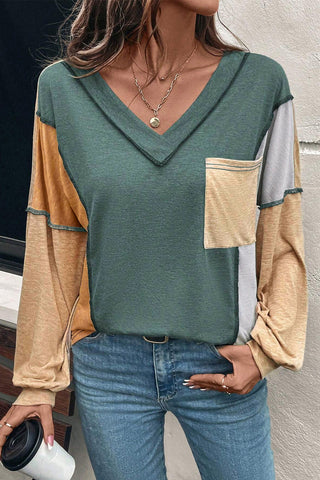 Sail Blue Exposed Stitching Colorblock V Neck Long Sleeve Top