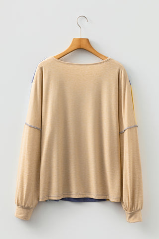 Sail Blue Exposed Stitching Colorblock V Neck Long Sleeve Top