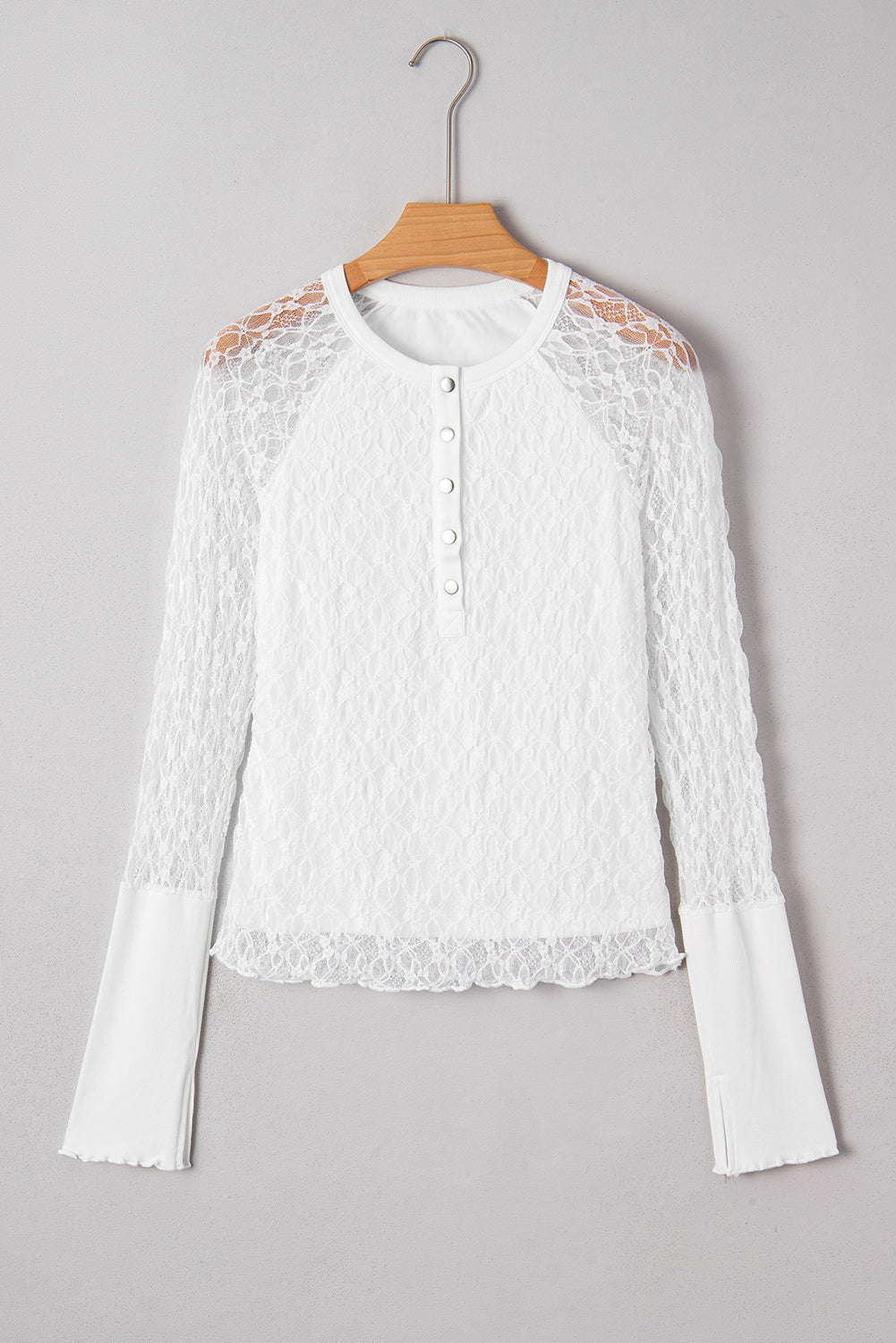 White Sheer Lace Long Sleeve Slim Henley Top