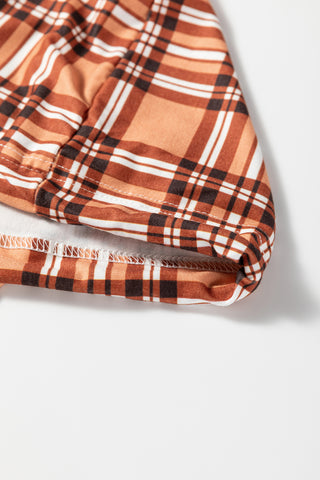 Chestnut Plaid Patchwork Ribbed Knit Drawstring Hooded Top