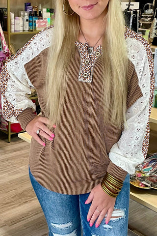 Brown Twisted Ribbed Leopard Lace Contrast Patchwork Long Sleeve Top