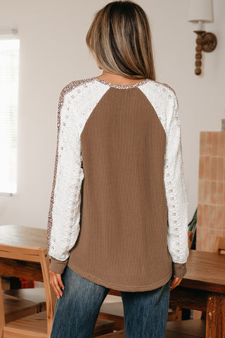 Brown Twisted Ribbed Leopard Lace Contrast Patchwork Long Sleeve Top