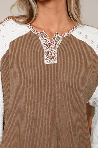 Brown Twisted Ribbed Leopard Lace Contrast Patchwork Long Sleeve Top