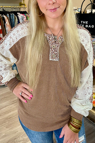 Brown Twisted Ribbed Leopard Lace Contrast Patchwork Long Sleeve Top