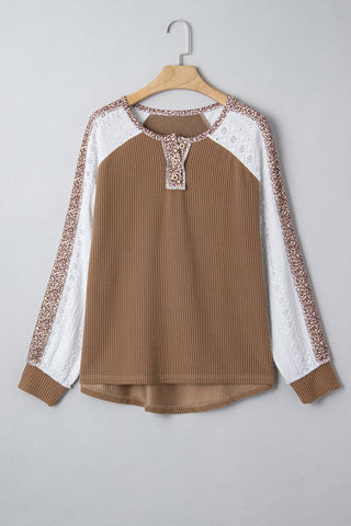 Brown Twisted Ribbed Leopard Lace Contrast Patchwork Long Sleeve Top