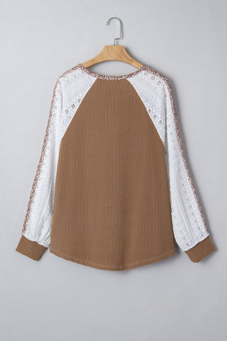 Brown Twisted Ribbed Leopard Lace Contrast Patchwork Long Sleeve Top