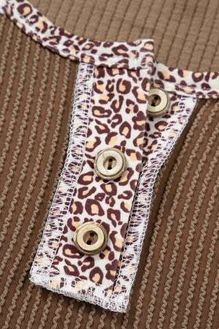 Brown Twisted Ribbed Leopard Lace Contrast Patchwork Long Sleeve Top