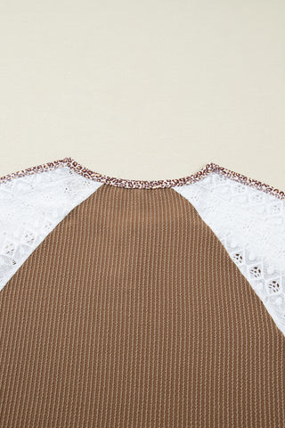 Brown Twisted Ribbed Leopard Lace Contrast Patchwork Long Sleeve Top