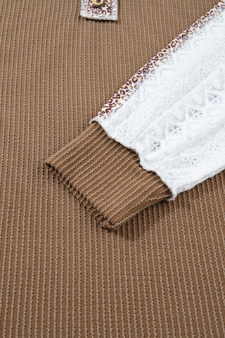 Brown Twisted Ribbed Leopard Lace Contrast Patchwork Long Sleeve Top