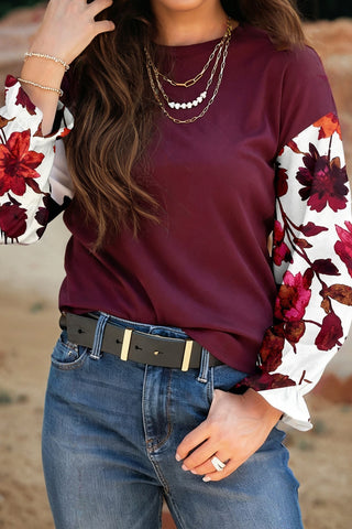 Wild Ginger Contrast Floral Sleeve Solid Ribbed Body Patchwork Long Sleeve Top