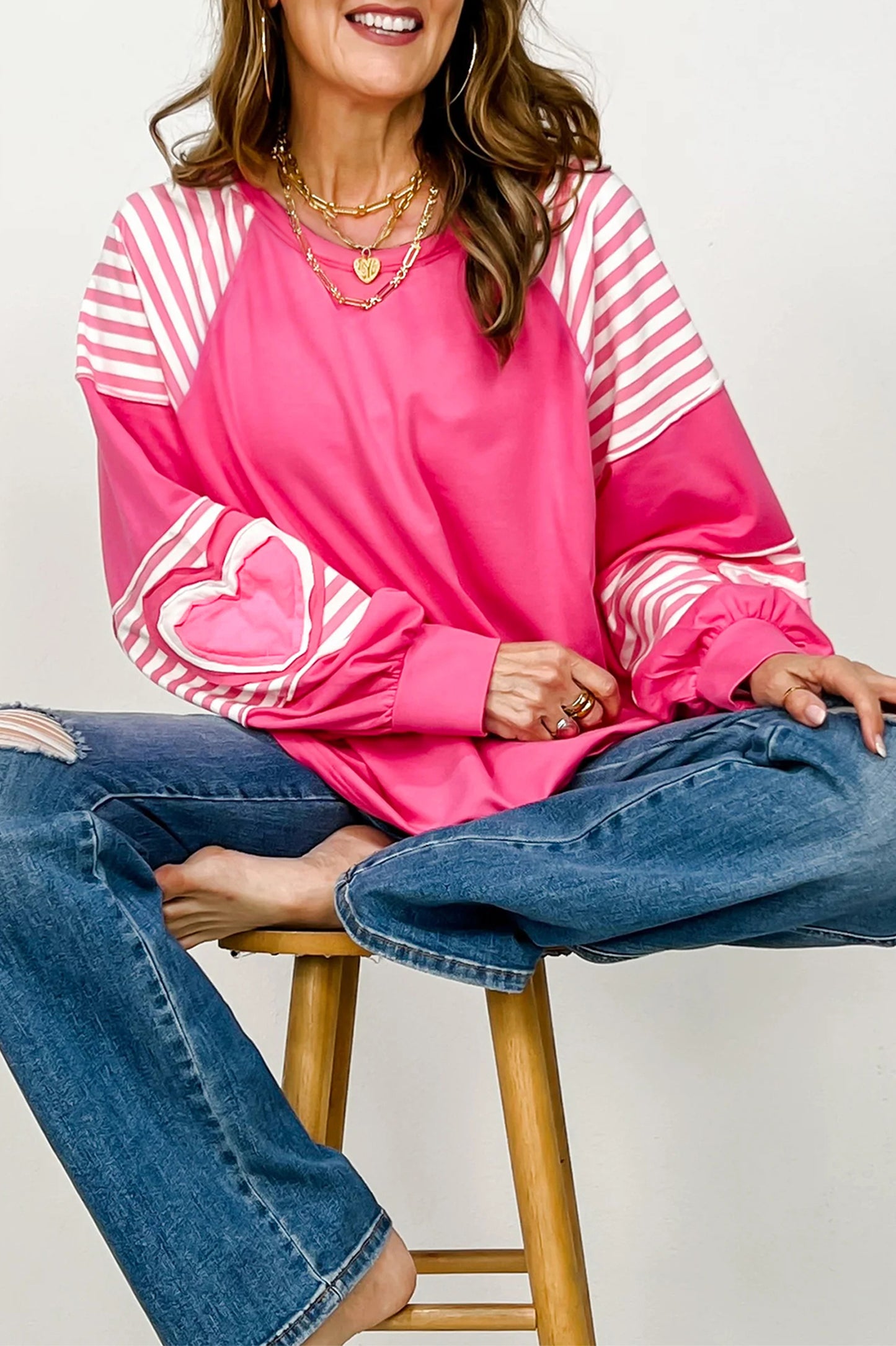 Strawberry Pink Heart Shape Striped Patchwork Long Sleeve Loose Top