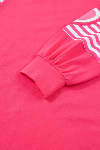 Strawberry Pink Heart Shape Striped Patchwork Long Sleeve Loose Top