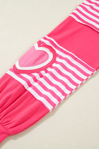 Strawberry Pink Heart Shape Striped Patchwork Long Sleeve Loose Top