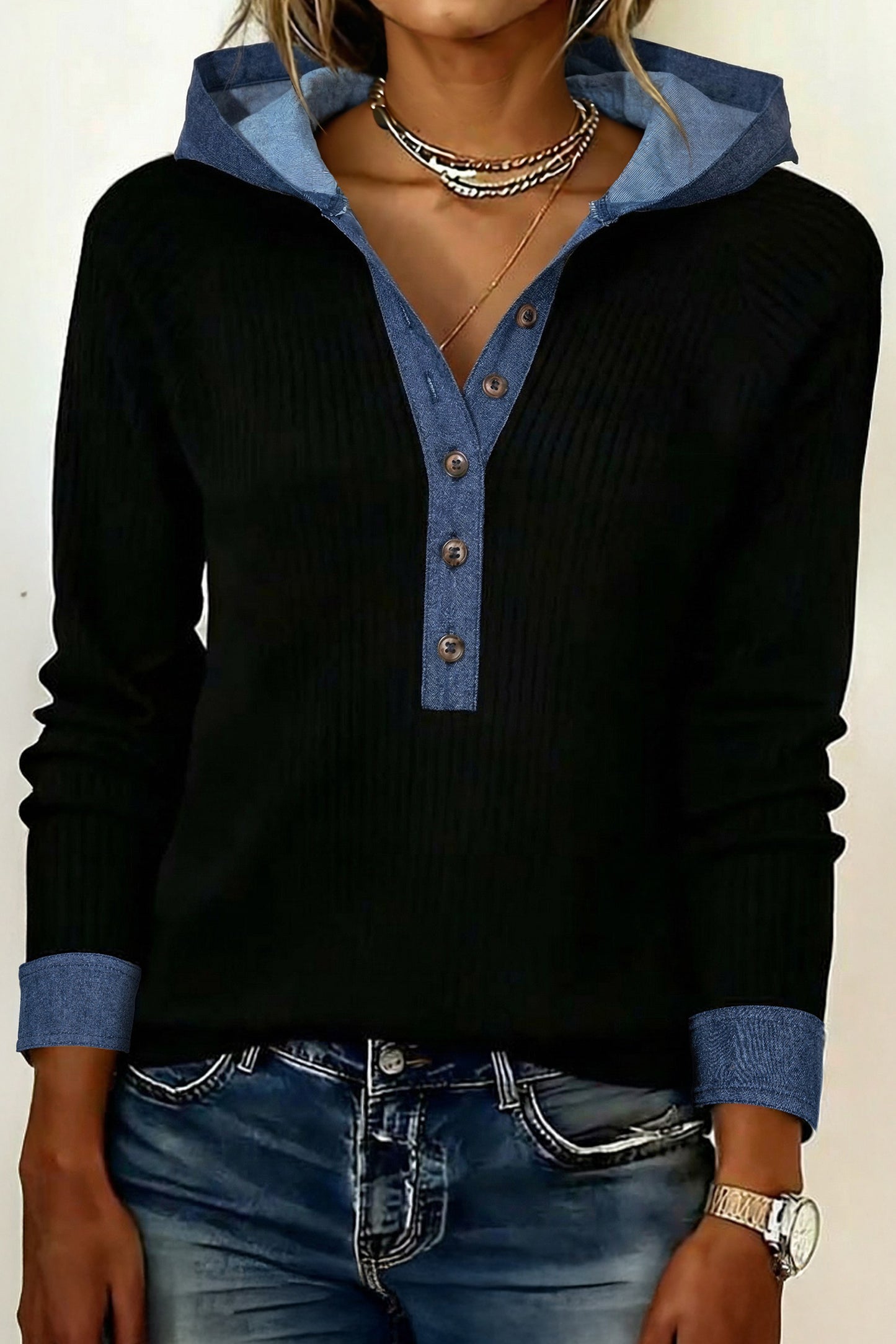 Black Chic Hoodie Long Sleeve Denim Trim Button Front Top