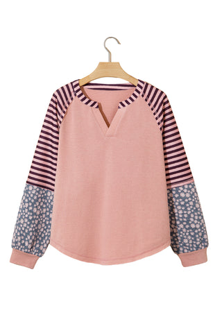 Pink V Neck Colorblock Patchwork Striped Floral Long Sleeve Casual Top