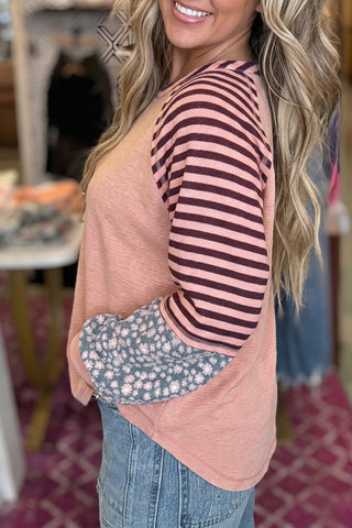 Pink V Neck Colorblock Patchwork Striped Floral Long Sleeve Casual Top