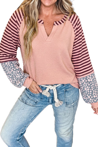 Pink V Neck Colorblock Patchwork Striped Floral Long Sleeve Casual Top