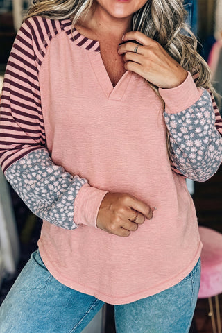 Pink V Neck Colorblock Patchwork Striped Floral Long Sleeve Casual Top