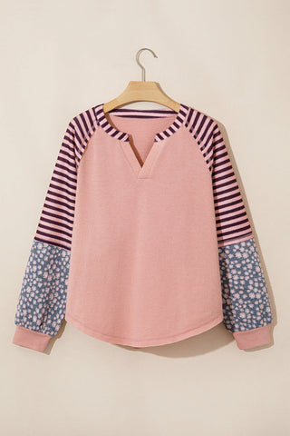 Pink V Neck Colorblock Patchwork Striped Floral Long Sleeve Casual Top